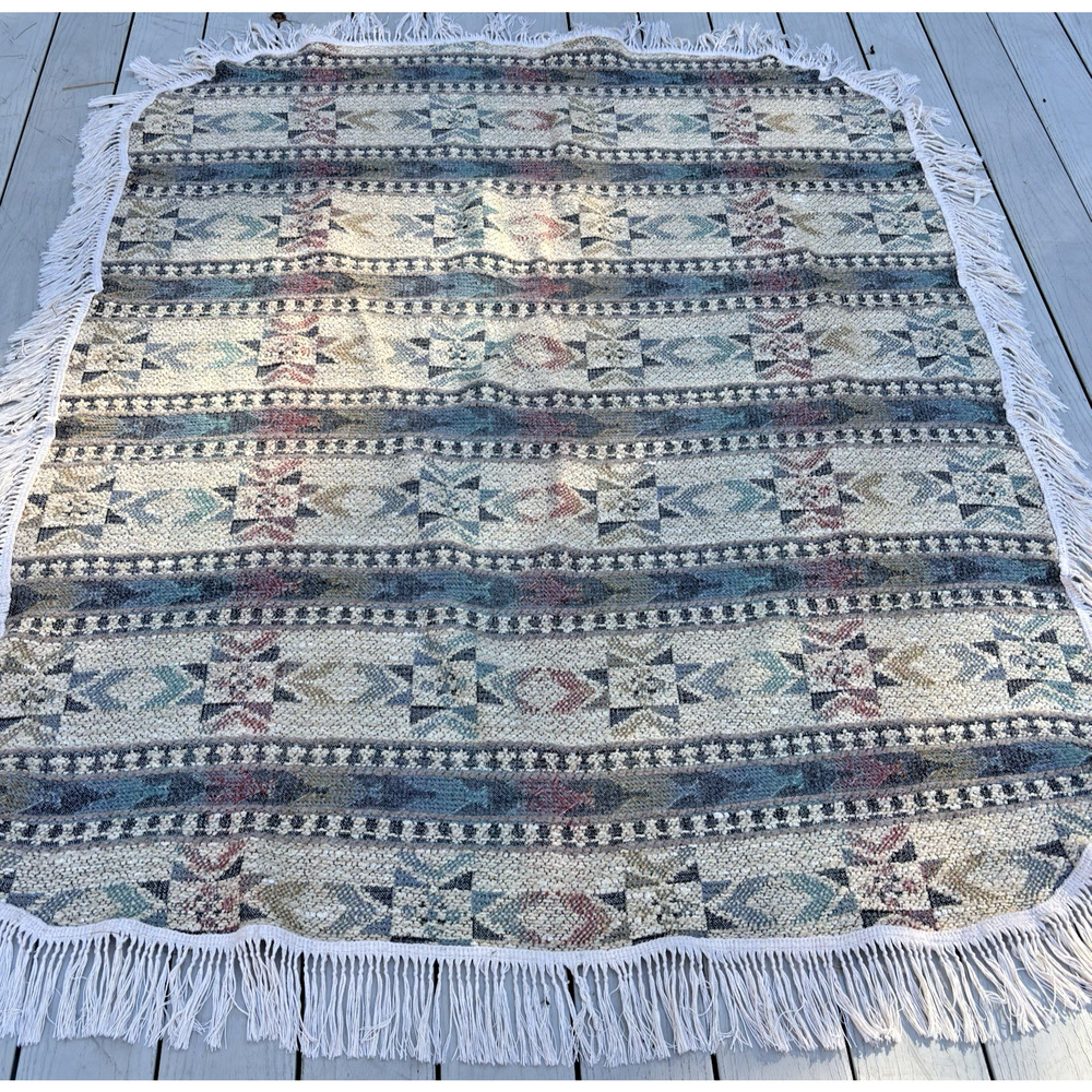 Vtg Sure Fit Sofa Throw Blanket Southwest Aztec Fringes Textured Knit 70x56 USA